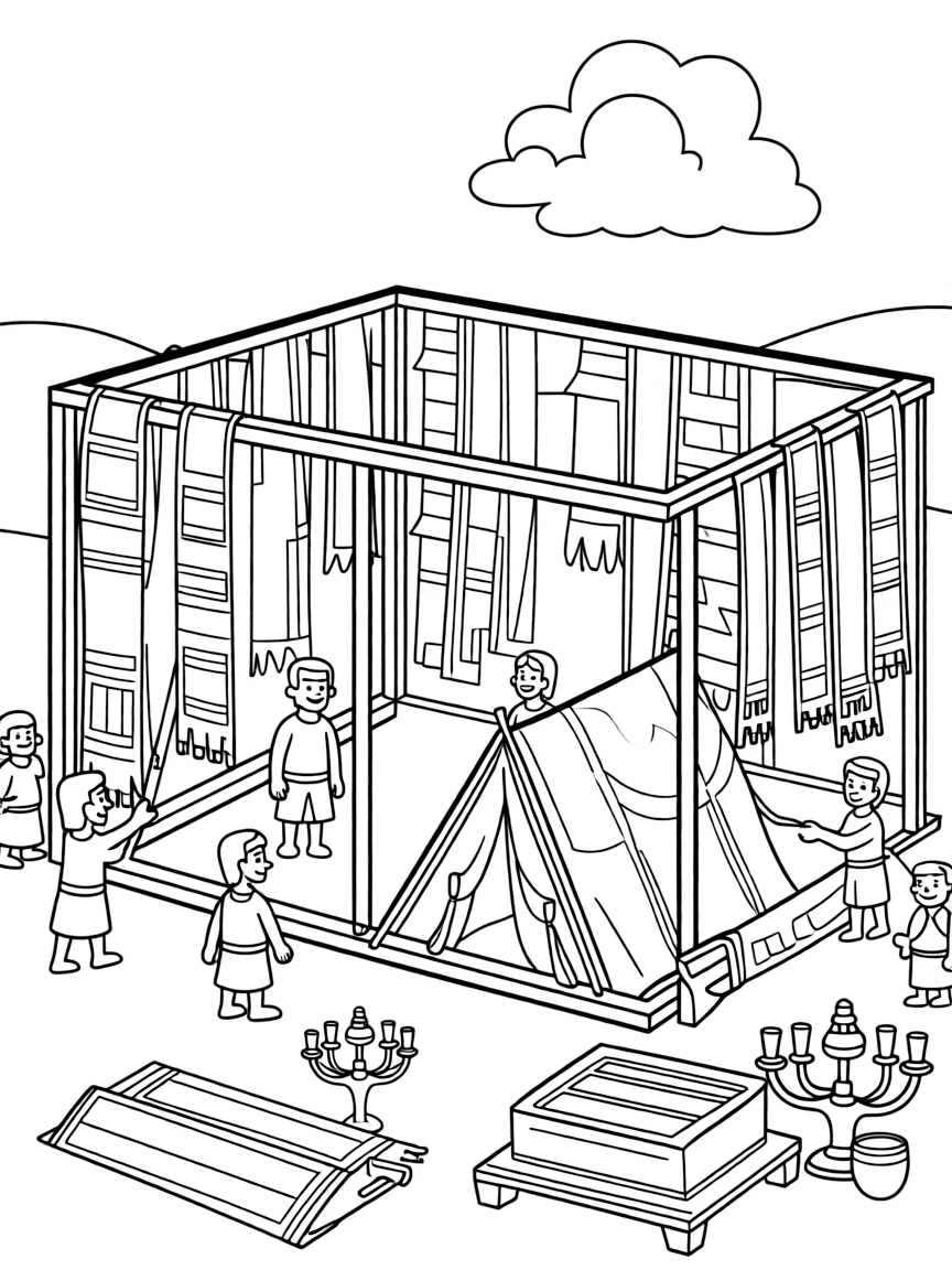 The Israelites building the tabernacle, with colorful cloths and gold.