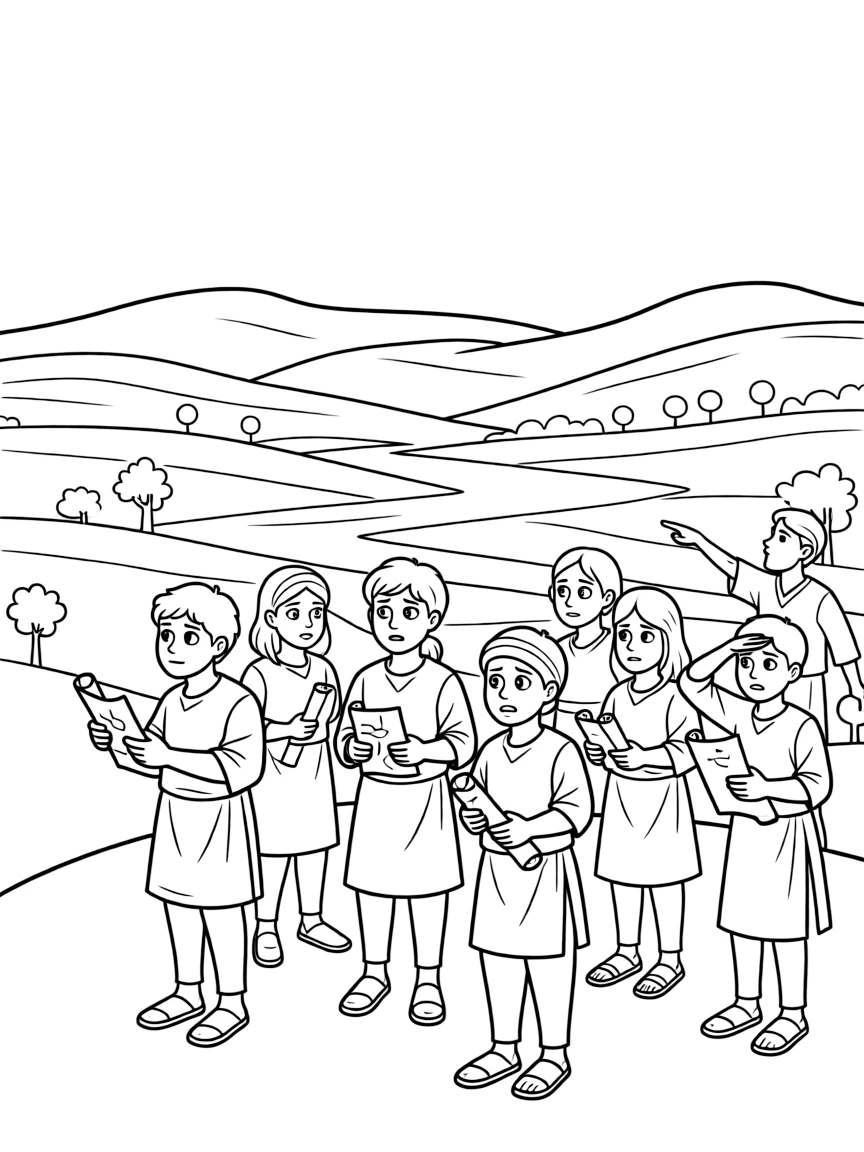 The spies giving their report about the Promised Land, with some being fearful.