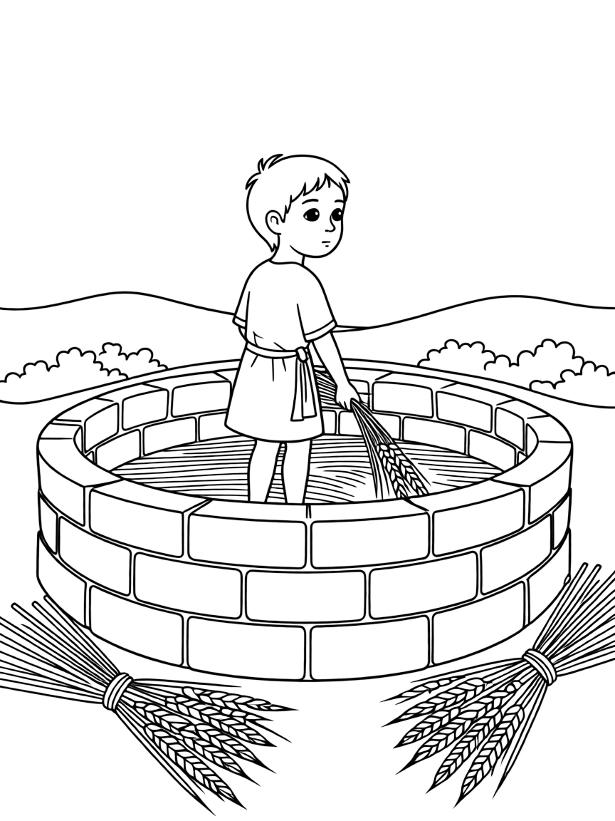 Gideon threshing wheat in a winepress to hide from the Midianites.