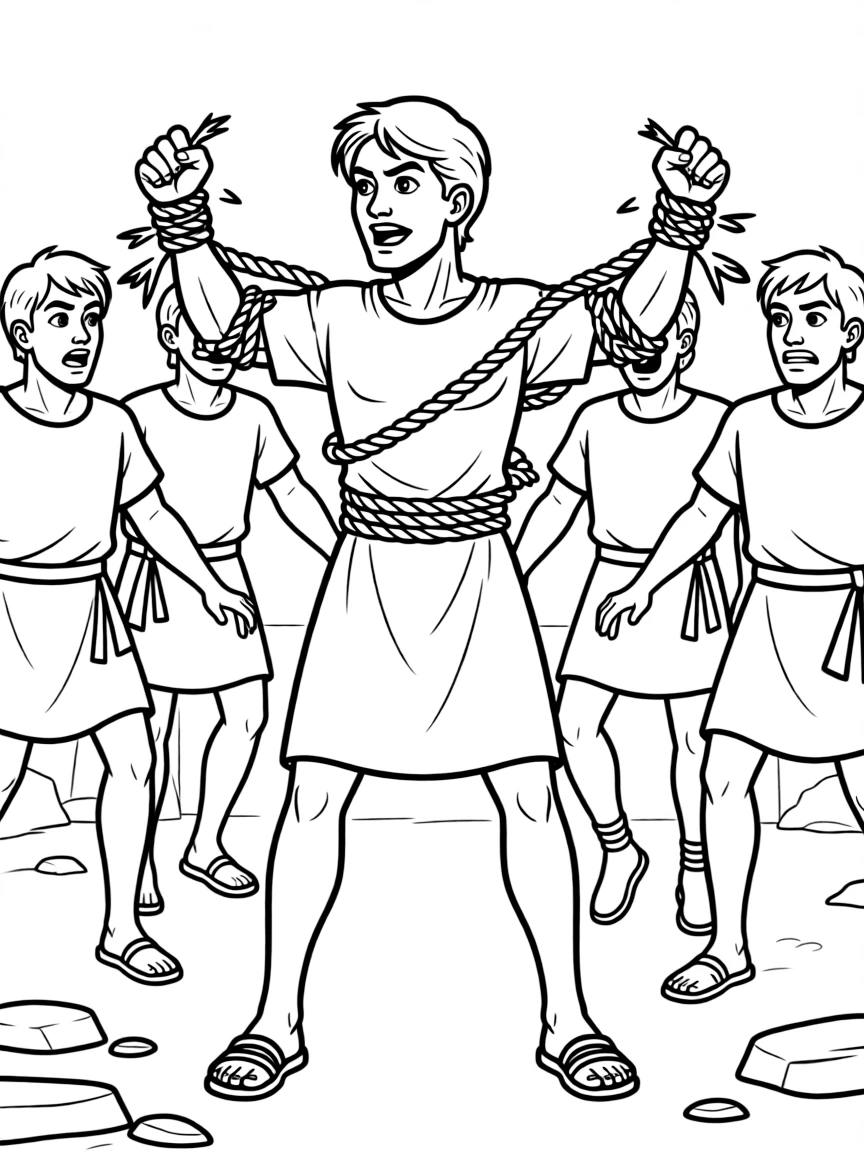 Samson tied up by the Philistines, but breaking the ropes.
