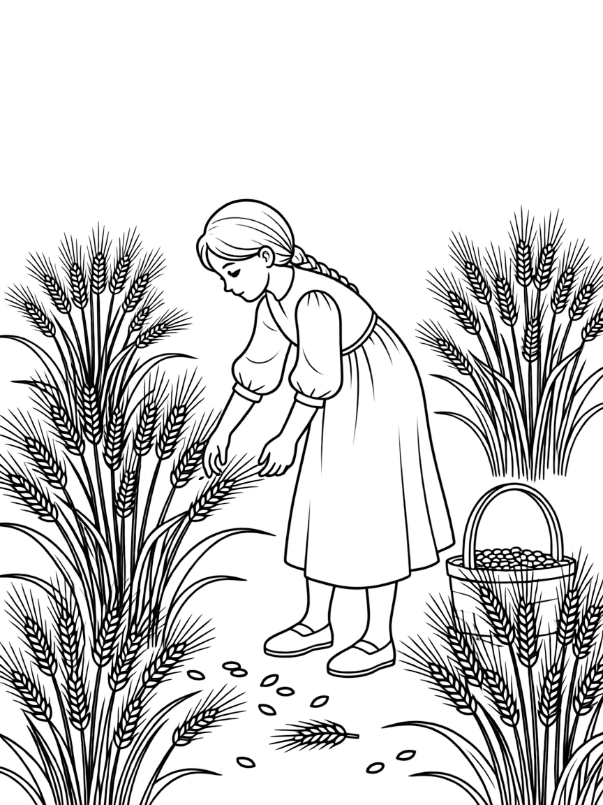 Ruth gleaning in the fields, picking up leftover grain.