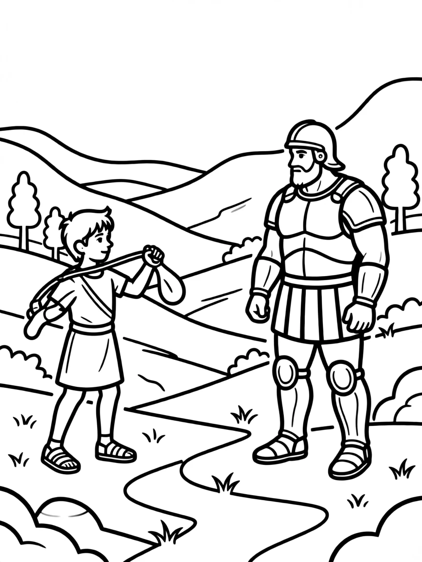 David and Goliath facing each other across a valley.