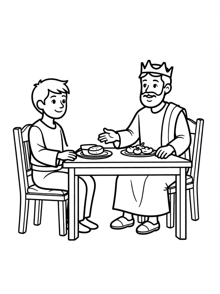 Mephibosheth, Jonathan's lame son, eating at David's table.