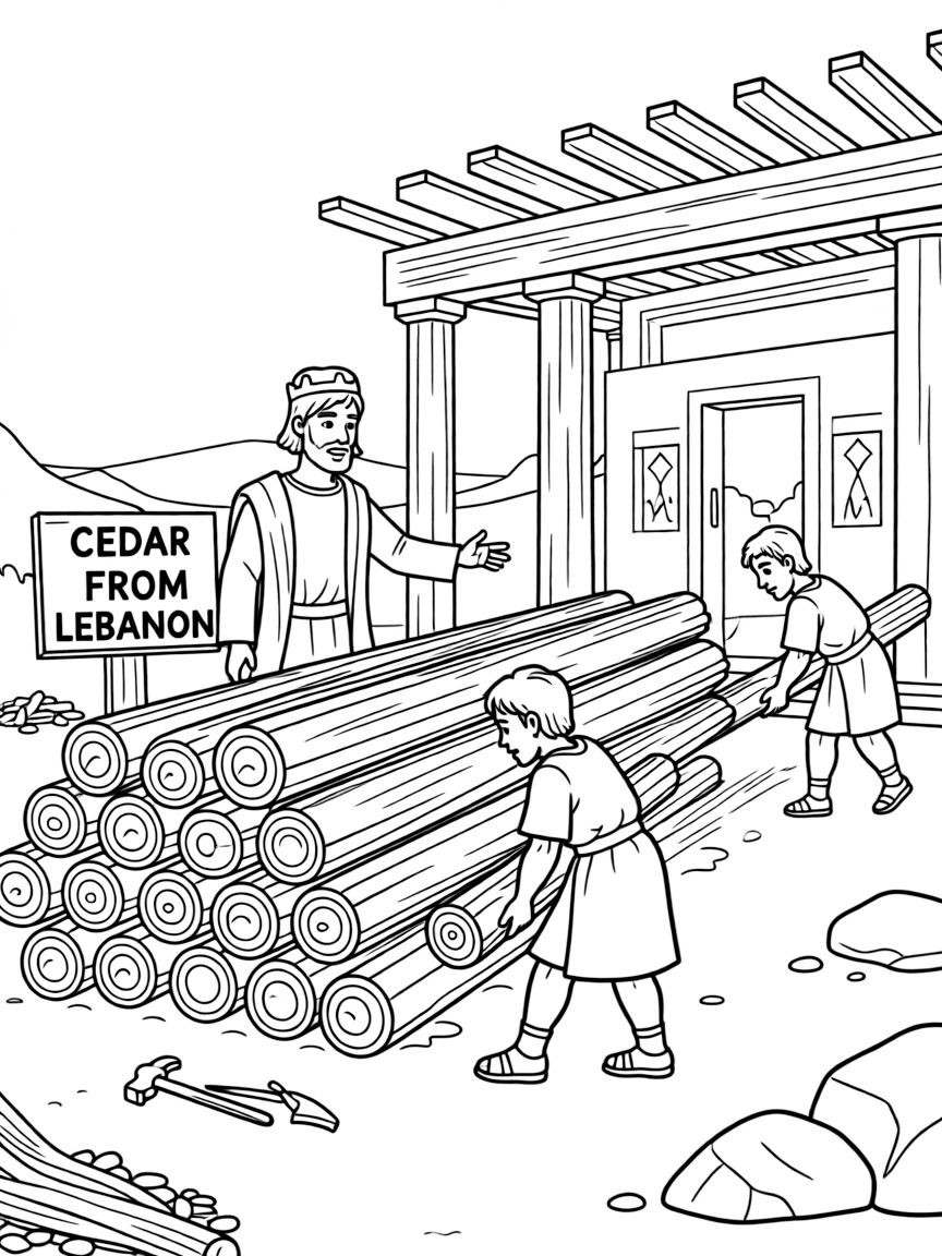 Solomon building the temple with cedar from Lebanon.
