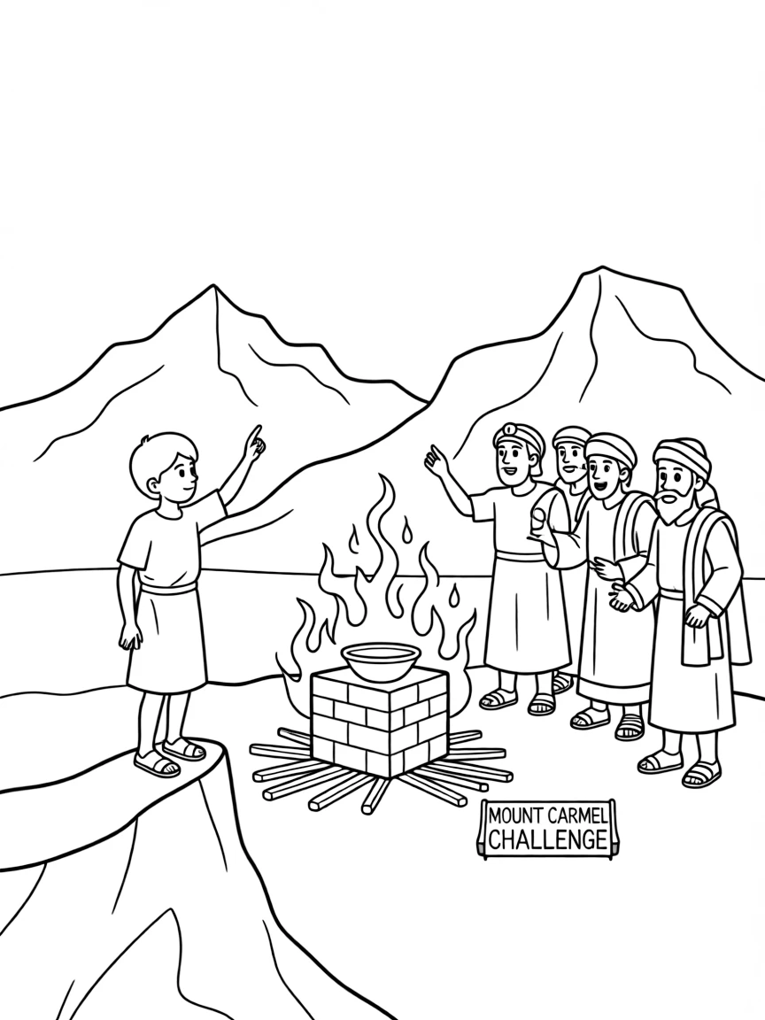 Elijah challenging the prophets of Baal on Mount Carmel.