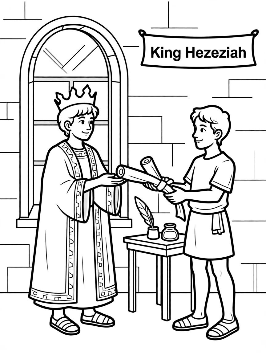 King Hezekiah receiving a letter from the king of Assyria.