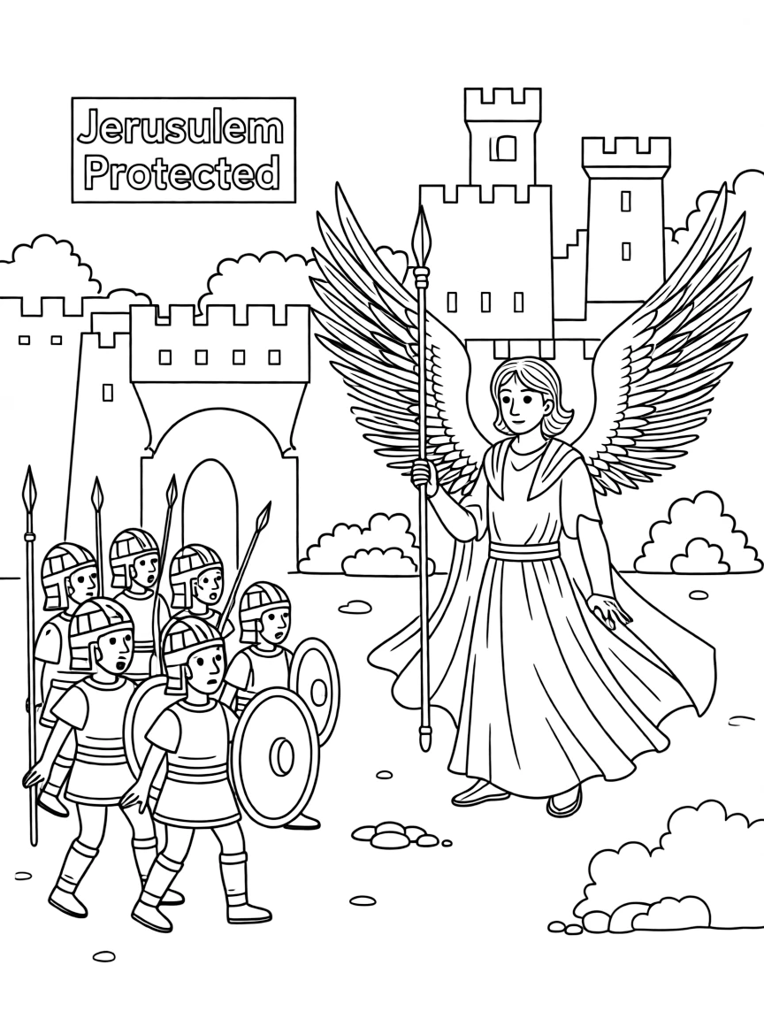 God saving Jerusalem from the Assyrian army with one angel.