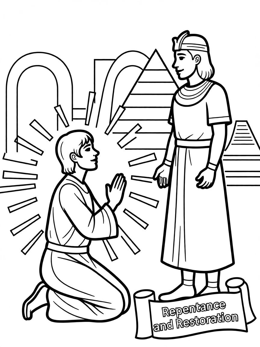 King Manasseh repenting in Babylon and being restored.