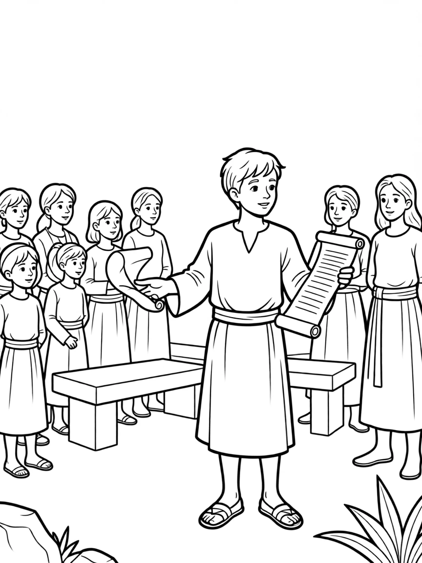 Baruch reading Jeremiah's scroll to the people.