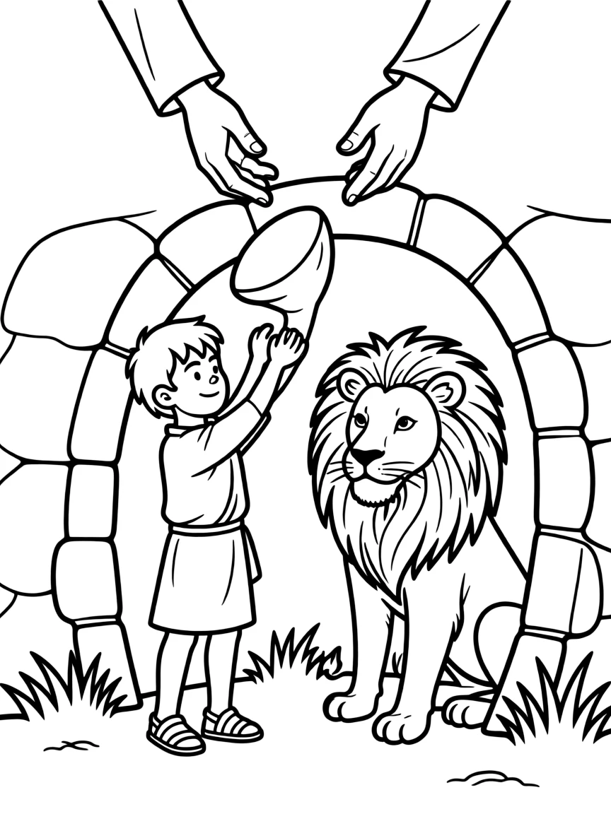Daniel being lifted out of the lion's den without a scratch.