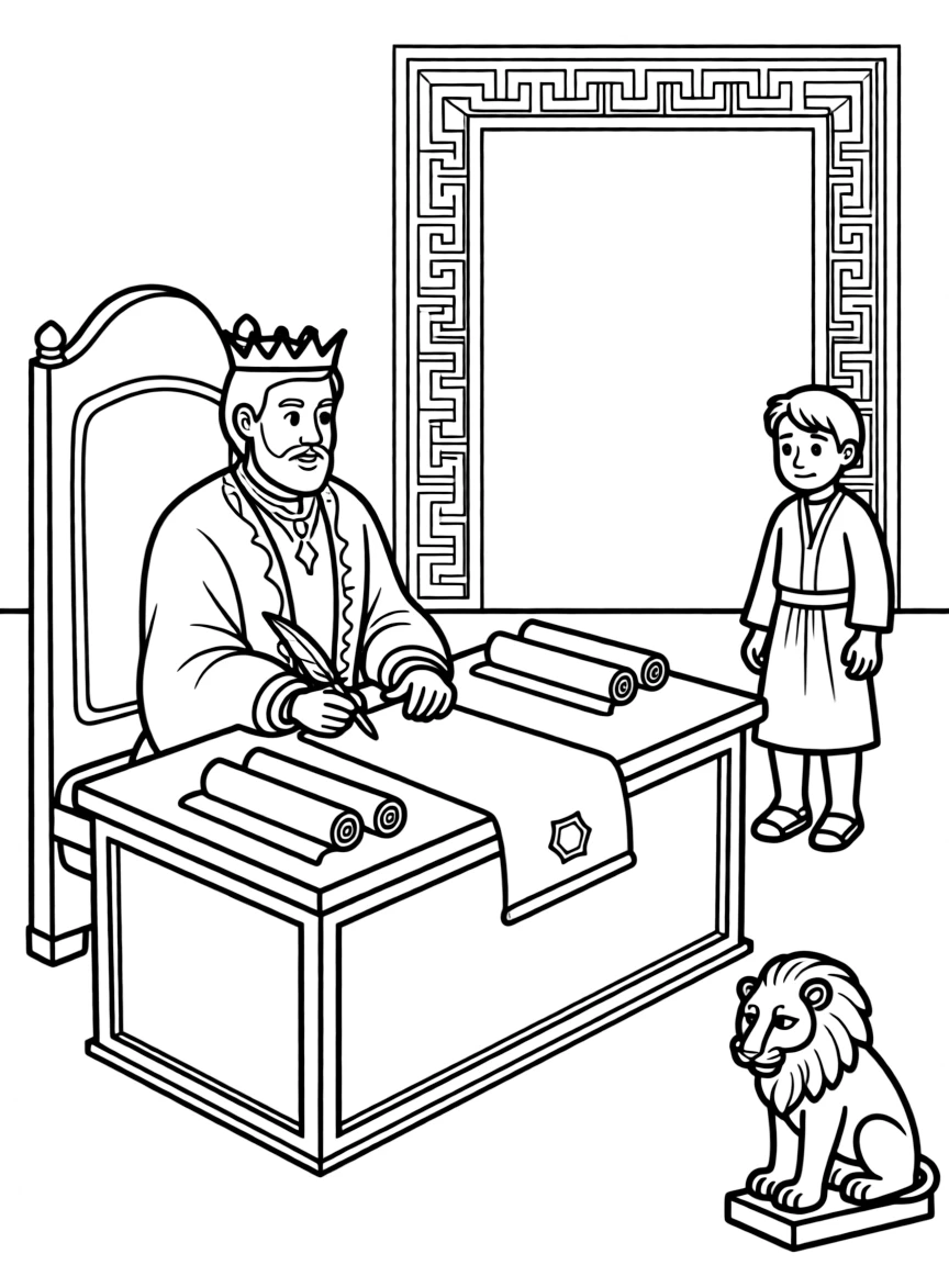 King Darius signing the decree to throw Daniel to the lions.