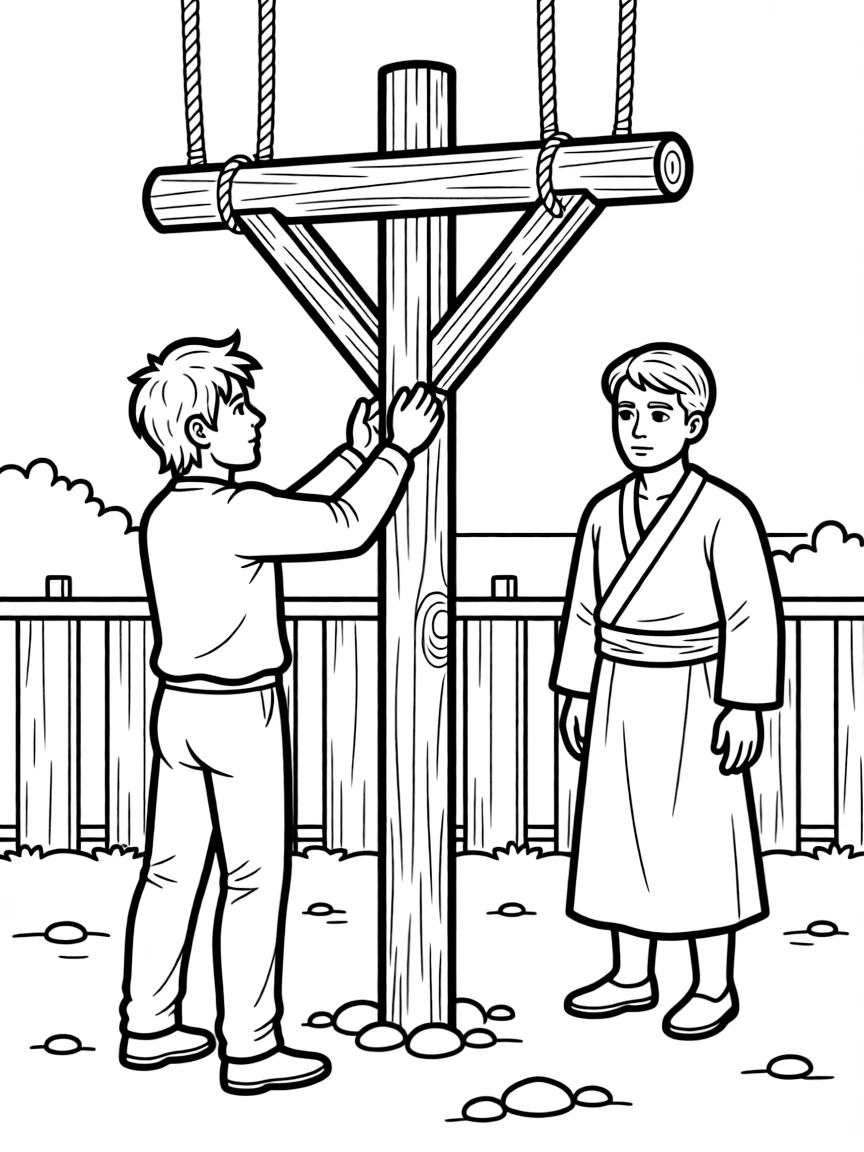 Haman building gallows to hang Mordecai.