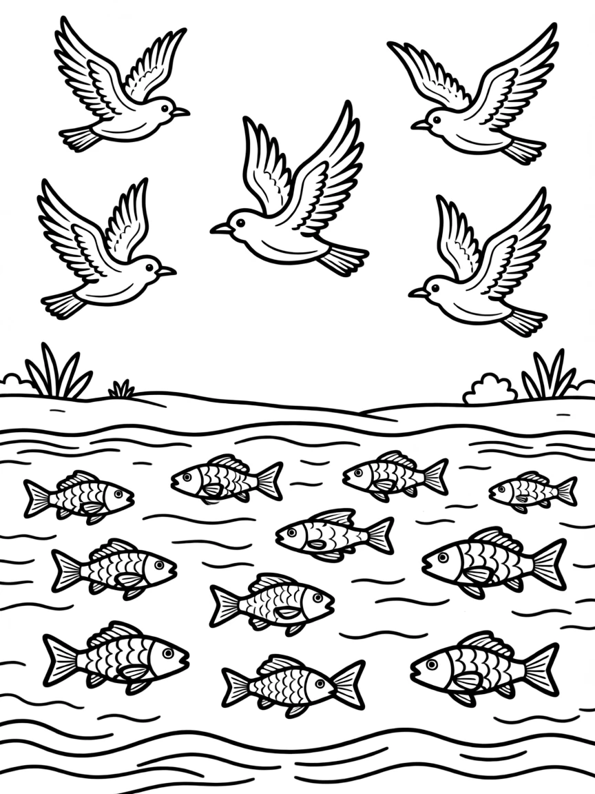 The creation of birds flying in the air and fish swimming in the sea.