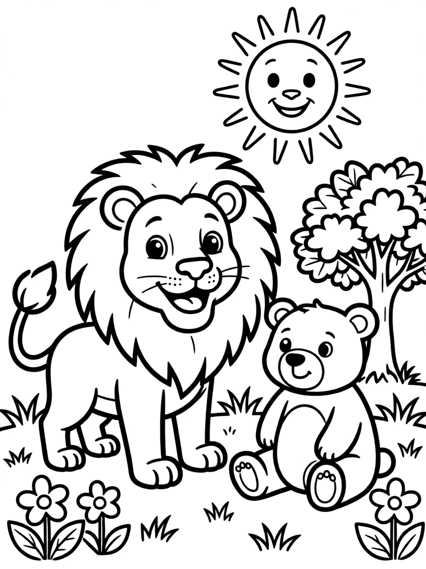 The creation of land animals, including a happy lion and a friendly bear.