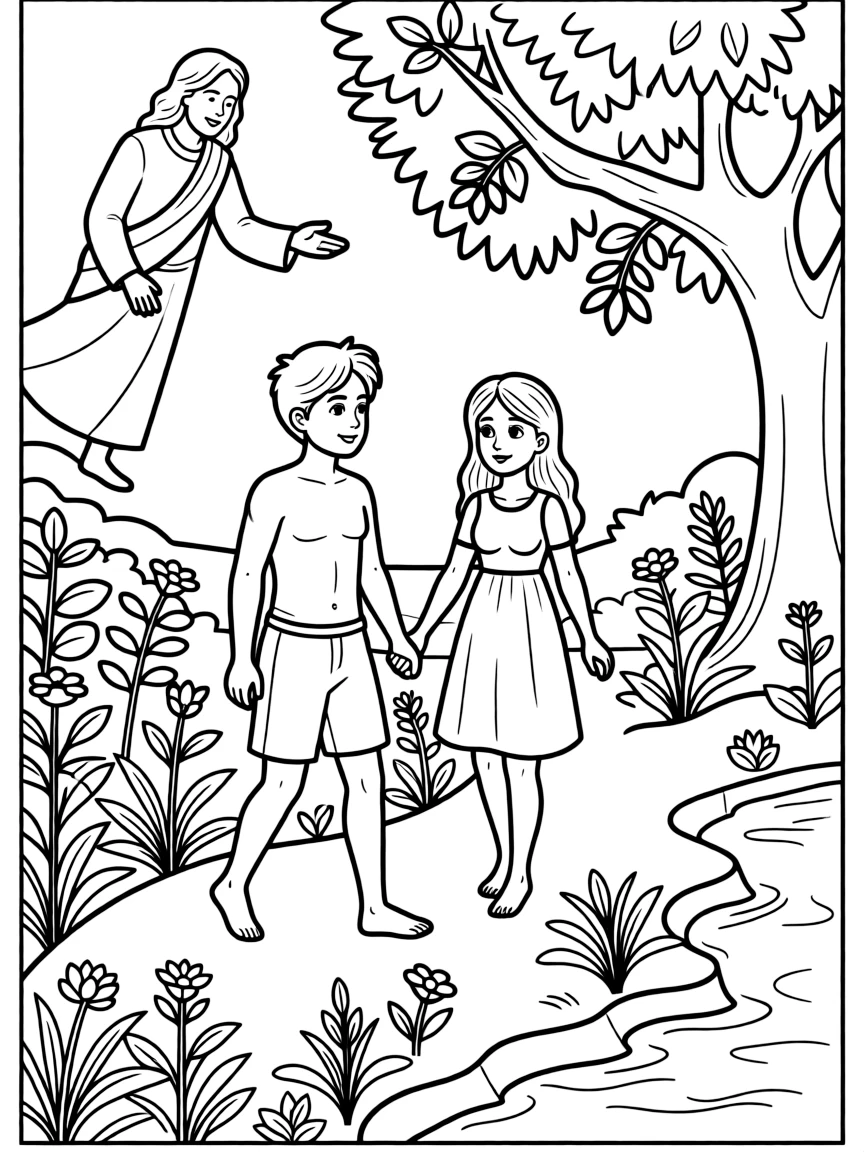 Adam and Eve walking in the garden, talking with God.