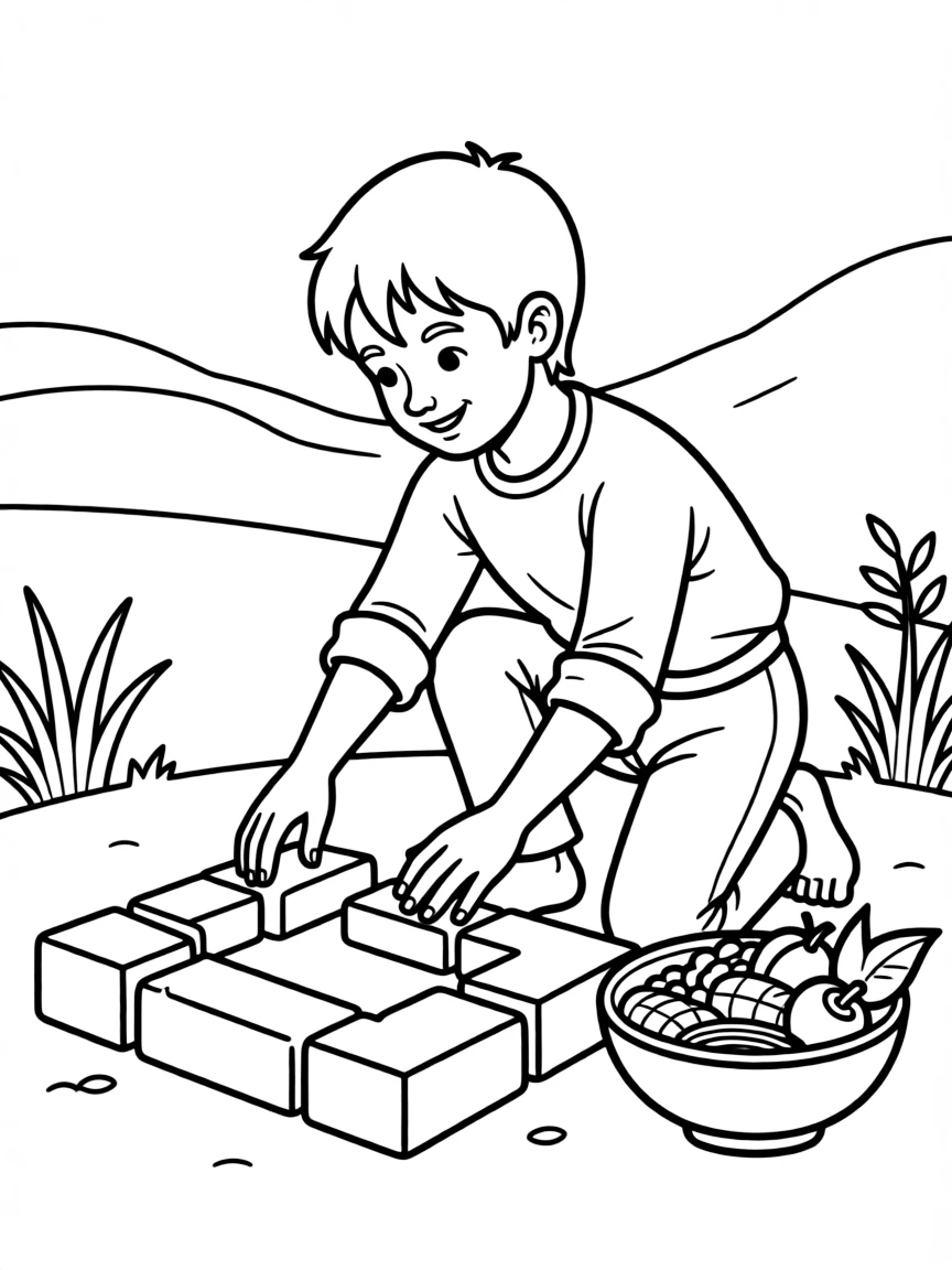 Noah building a small altar and offering sacrifices after the flood.