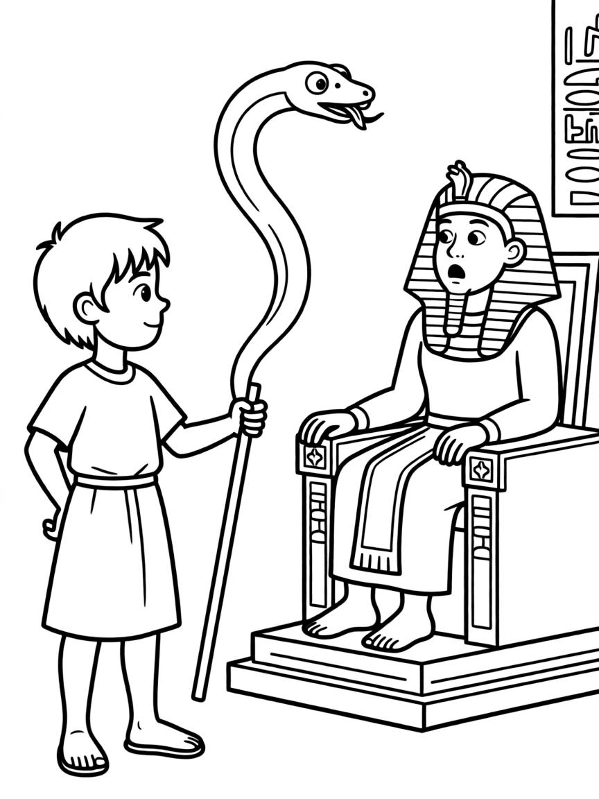 Moses' rod turning into a snake before Pharaoh.