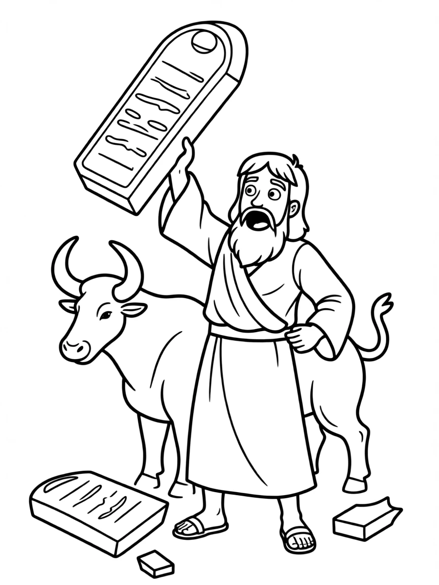 Moses breaking the stone tablets after seeing the golden calf.