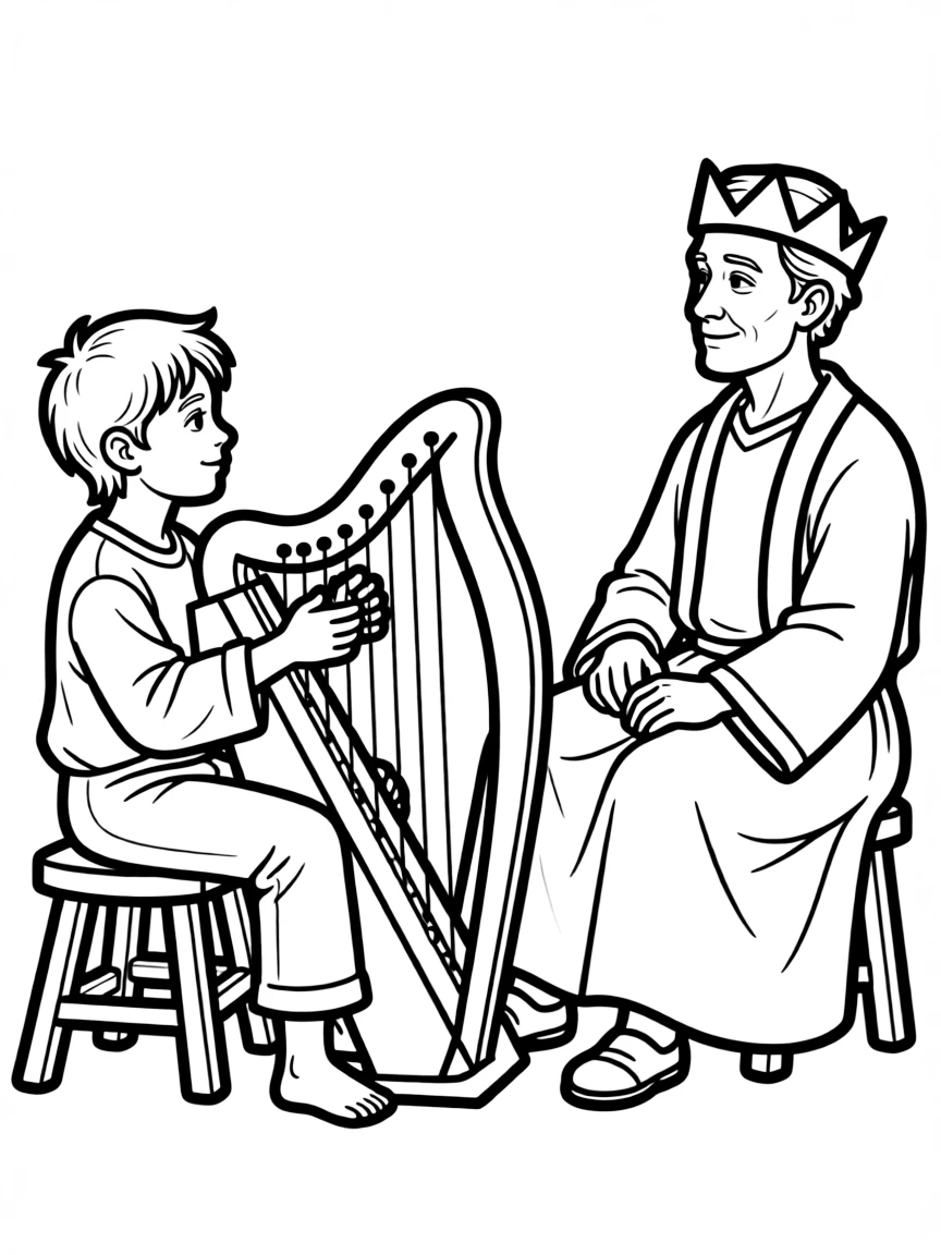 David playing his harp for Saul, and Saul looking peaceful.