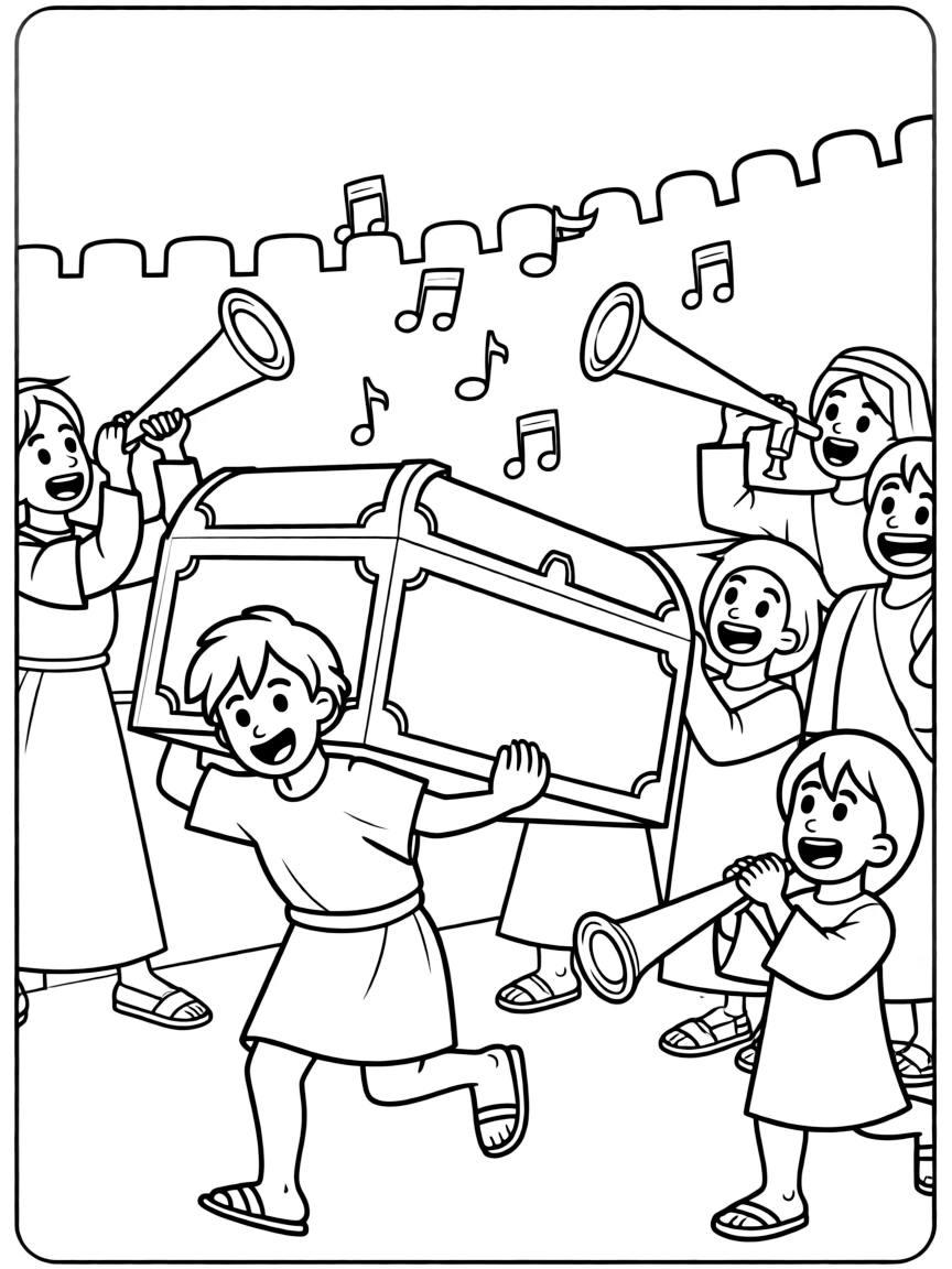David bringing the ark into Jerusalem with loud shouts and trumpets.
