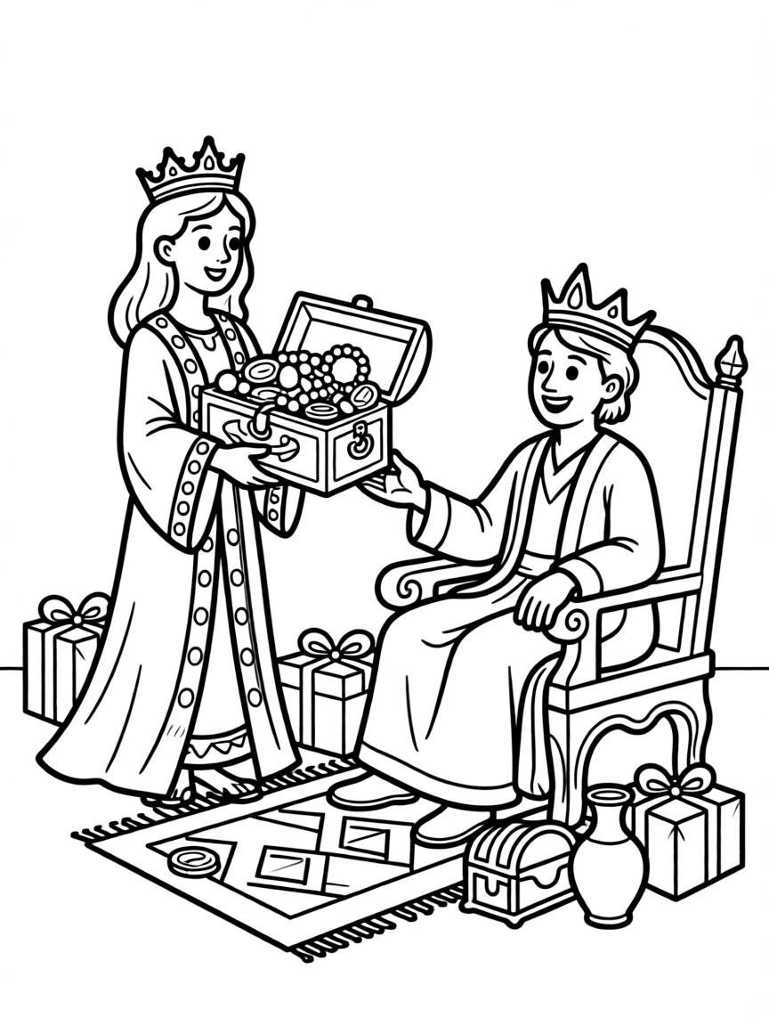 The Queen of Sheba giving Solomon many precious gifts.