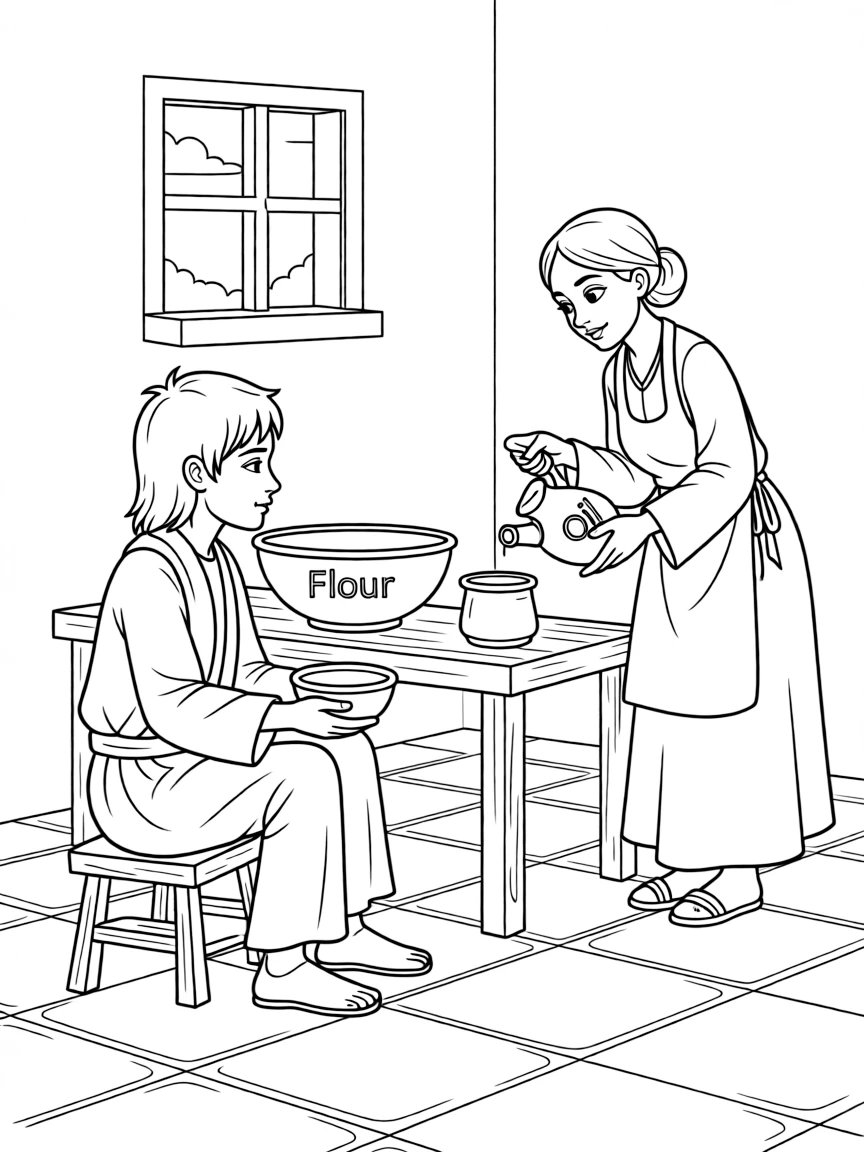 Elijah being fed by a widow in Zarephath, with her endless flour and oil.