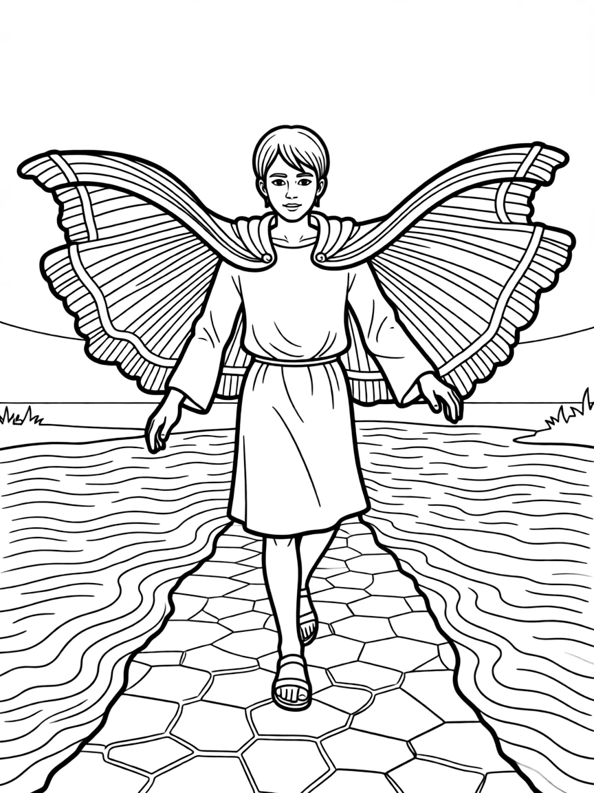 Elisha crossing the Jordan River on dry ground with Elijah's cloak.