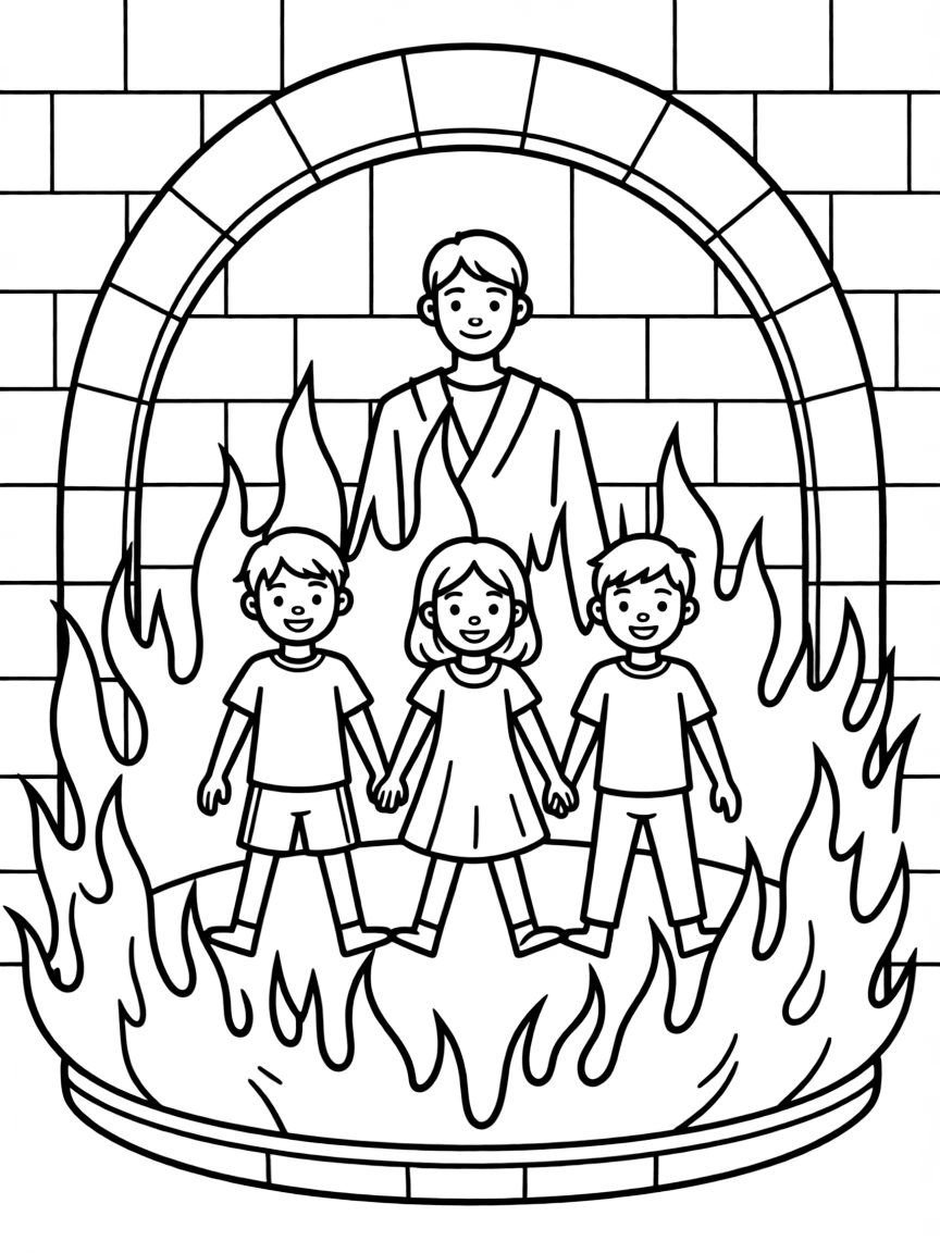 The three friends walking unharmed in the fiery furnace, with a fourth figure.