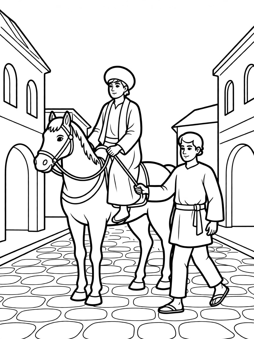 Haman being led on a horse by Mordecai through the city.