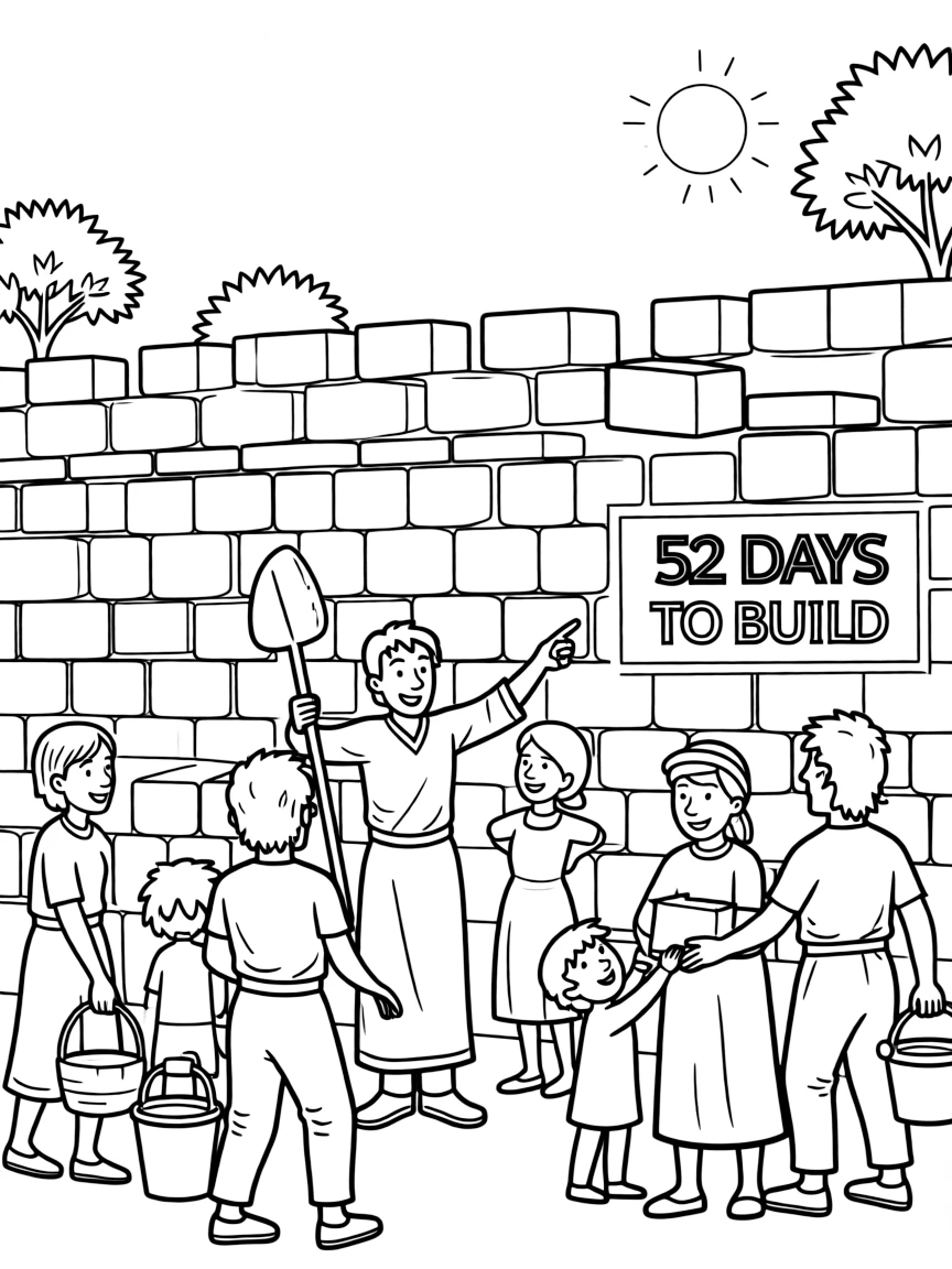 Nehemiah and the people finishing the wall in 52 days.
