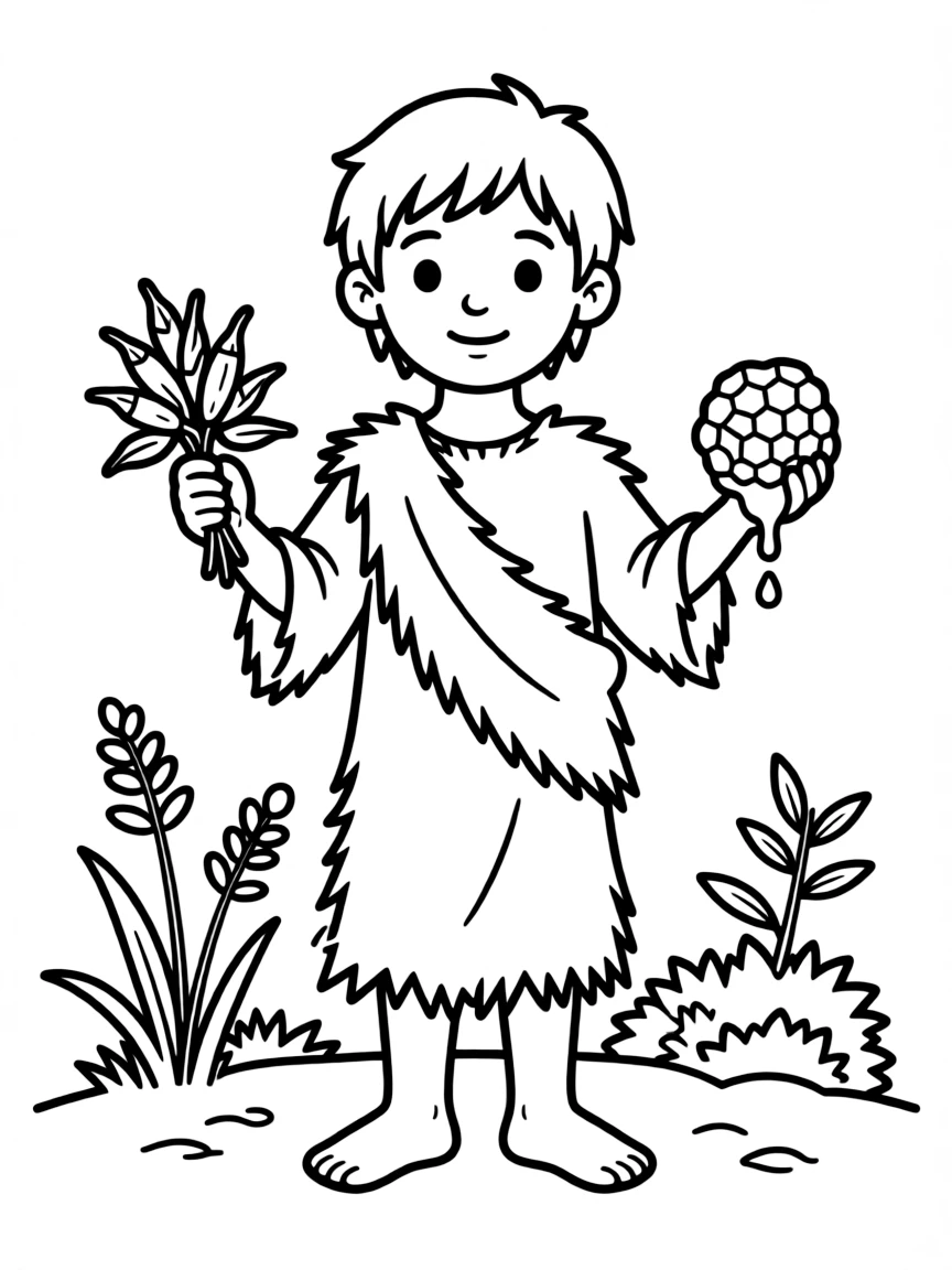 John the Baptist wearing camel's hair and eating locusts and wild honey.