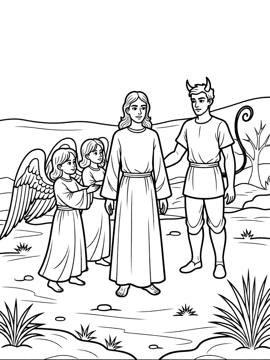 Jesus being tempted by the devil in the wilderness, with angels helping him.