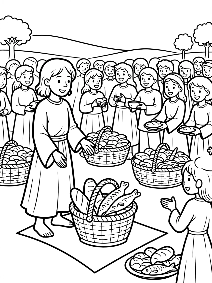 Jesus turning five loaves and two fish into enough food for thousands.