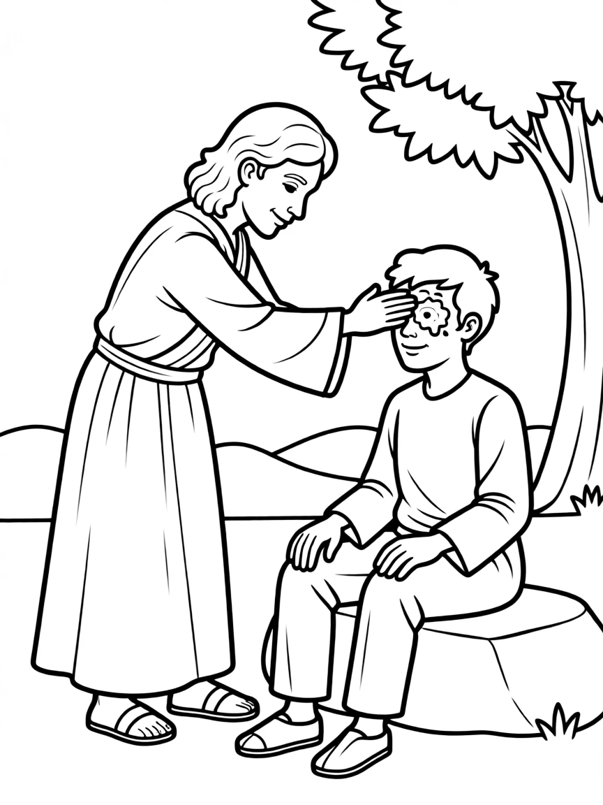 Jesus healing a man who was born blind, putting mud on his eyes.