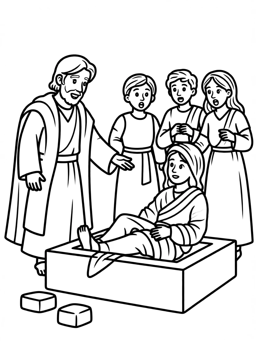 Jesus raising Lazarus from the dead, with people looking amazed.