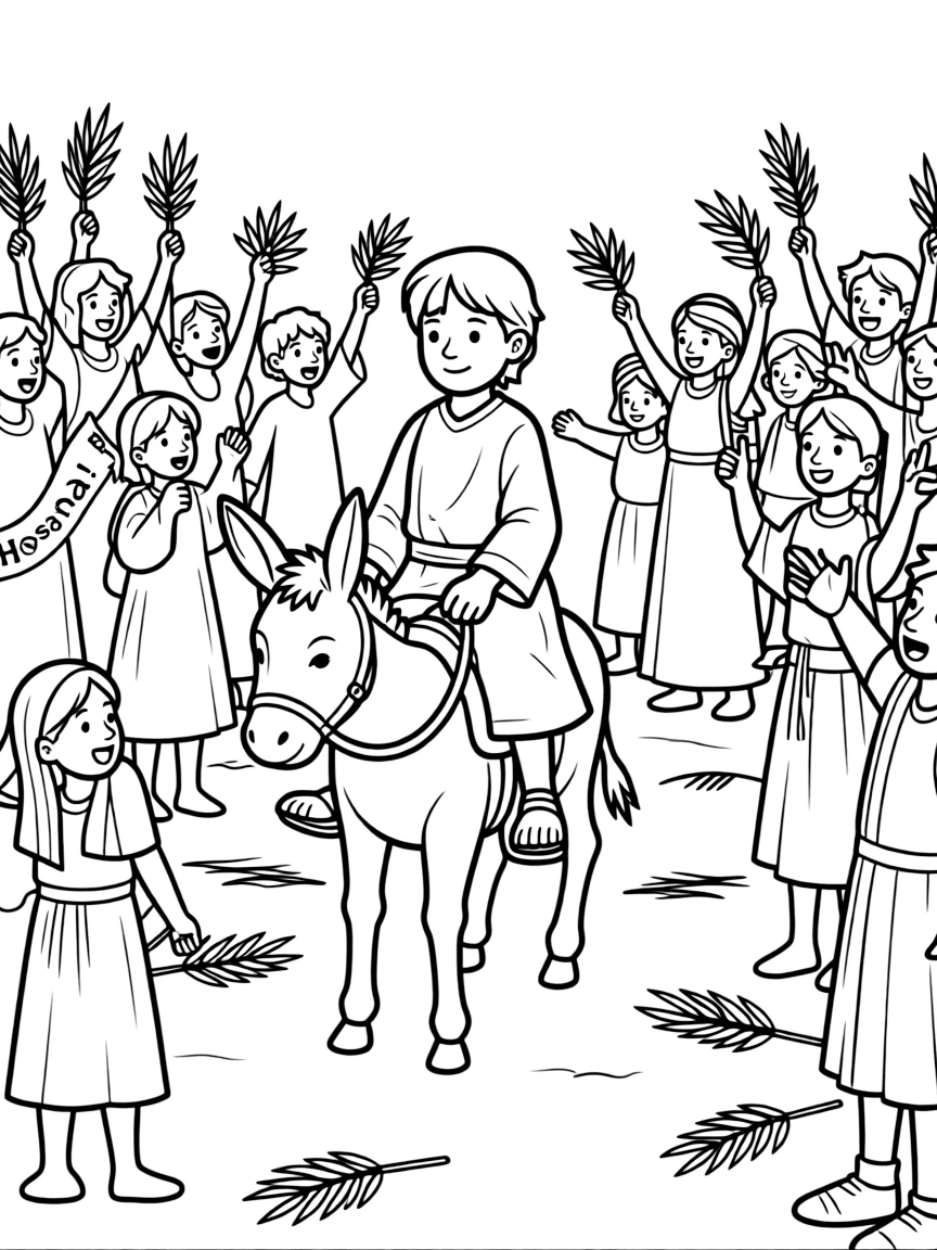 The triumphal entry, with Jesus on a donkey and people shouting "Hosanna!"