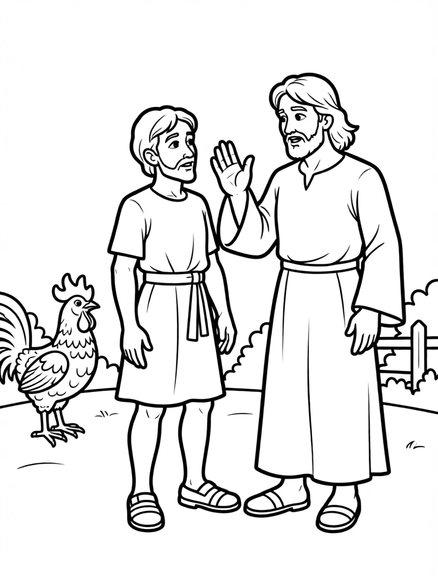 Jesus predicting Peter's denial, with a rooster in the background.