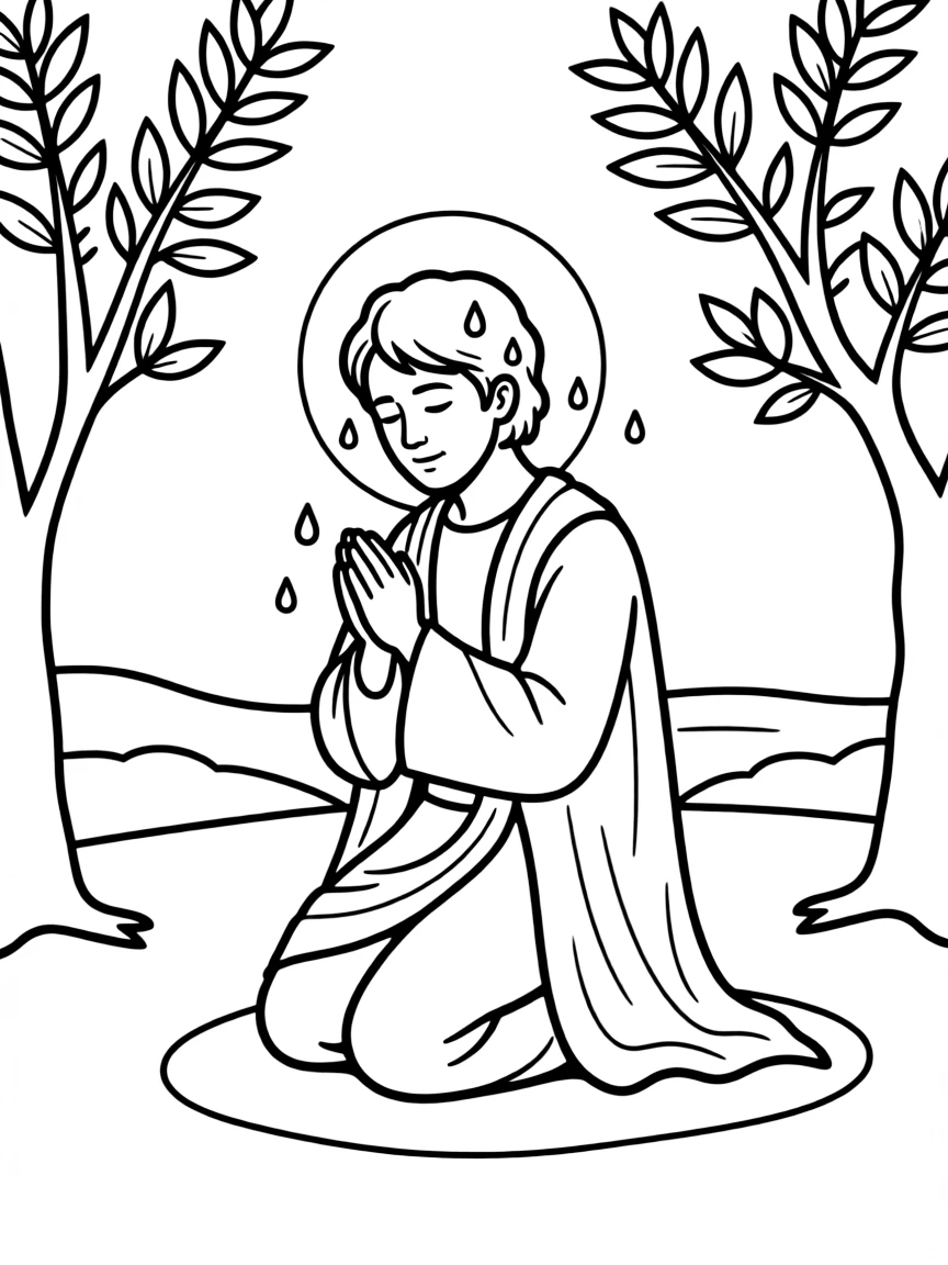 Jesus praying in the Garden of Gethsemane, with sweat like drops of blood.