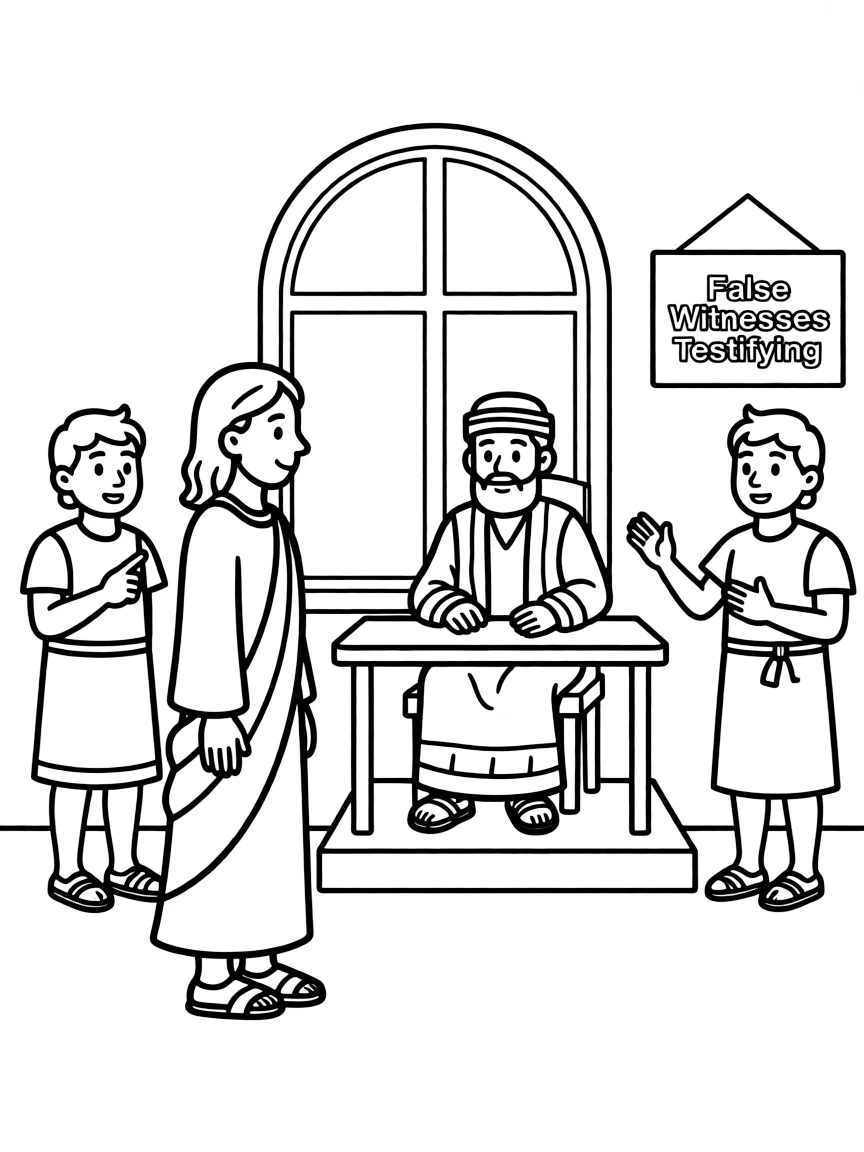 Jesus before Caiaphas, with false witnesses testifying against him.