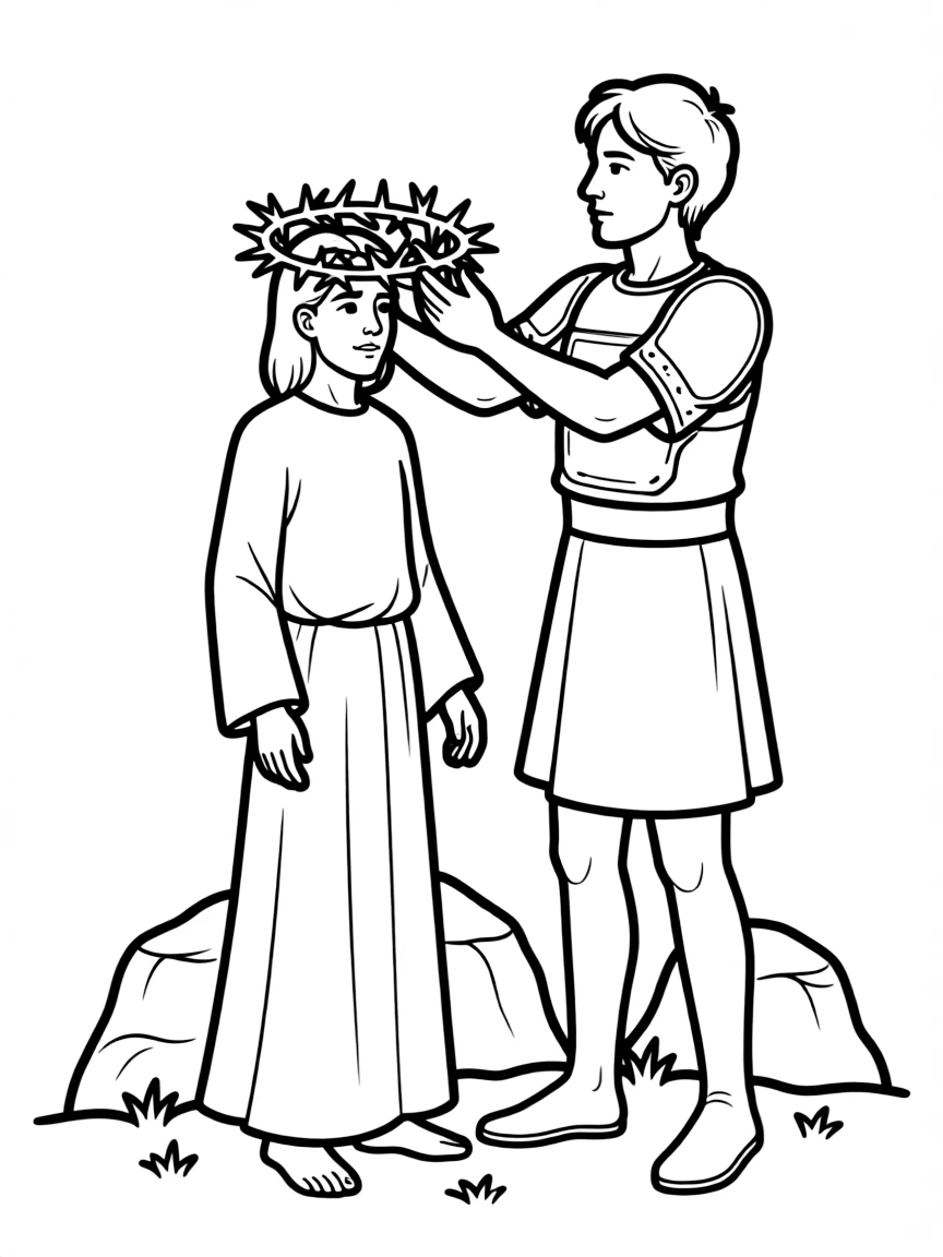 Jesus being scourged and a crown of thorns placed on his head.