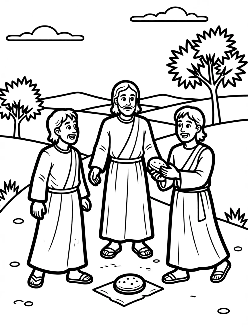 Jesus appearing to his disciples on the road to Emmaus, breaking bread.