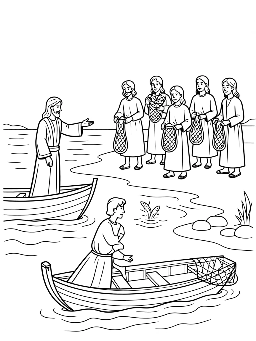 Jesus appearing to seven disciples by the Sea of Tiberias, helping them fish.