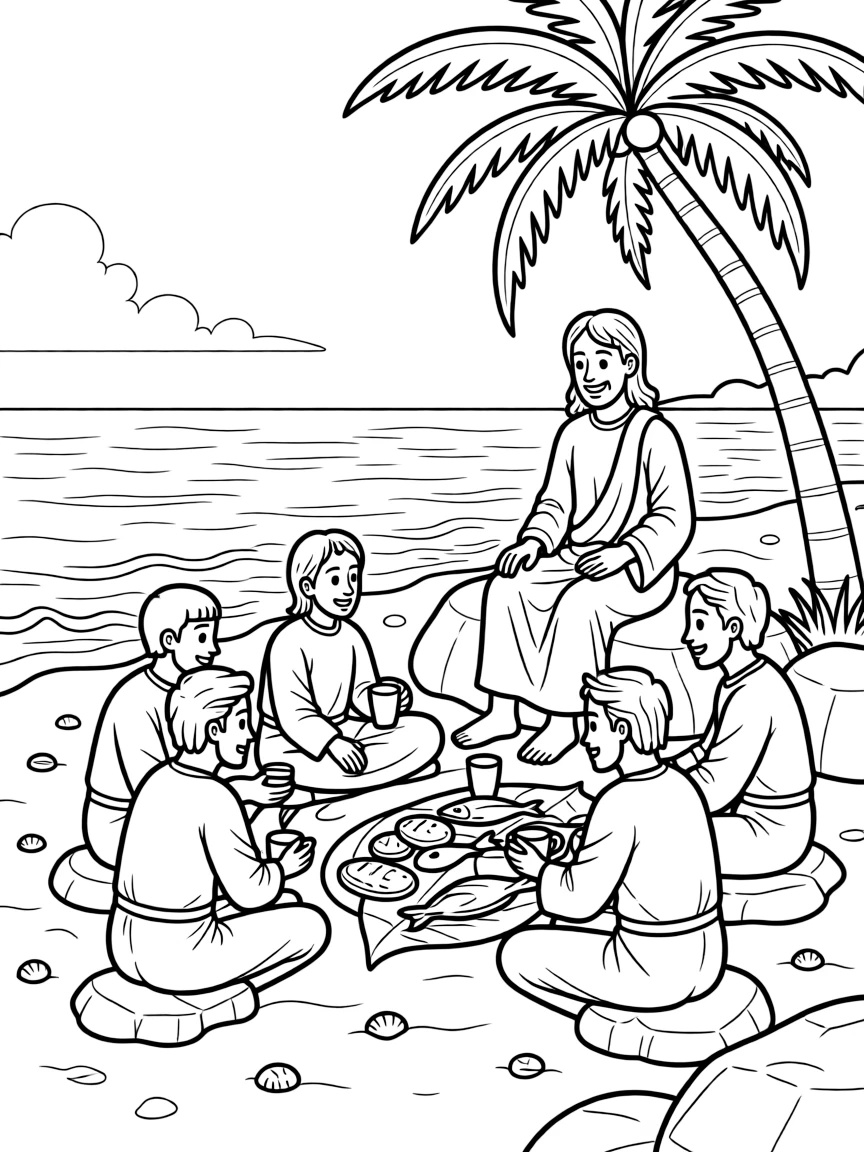 Jesus eating breakfast with his disciples on the beach.
