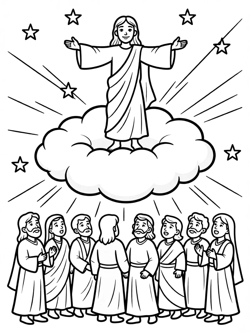 Jesus ascending into heaven in a cloud, with disciples watching.