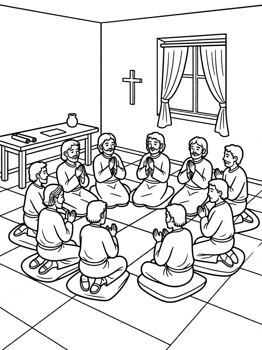 The disciples praying together in the upper room after Jesus ascended.