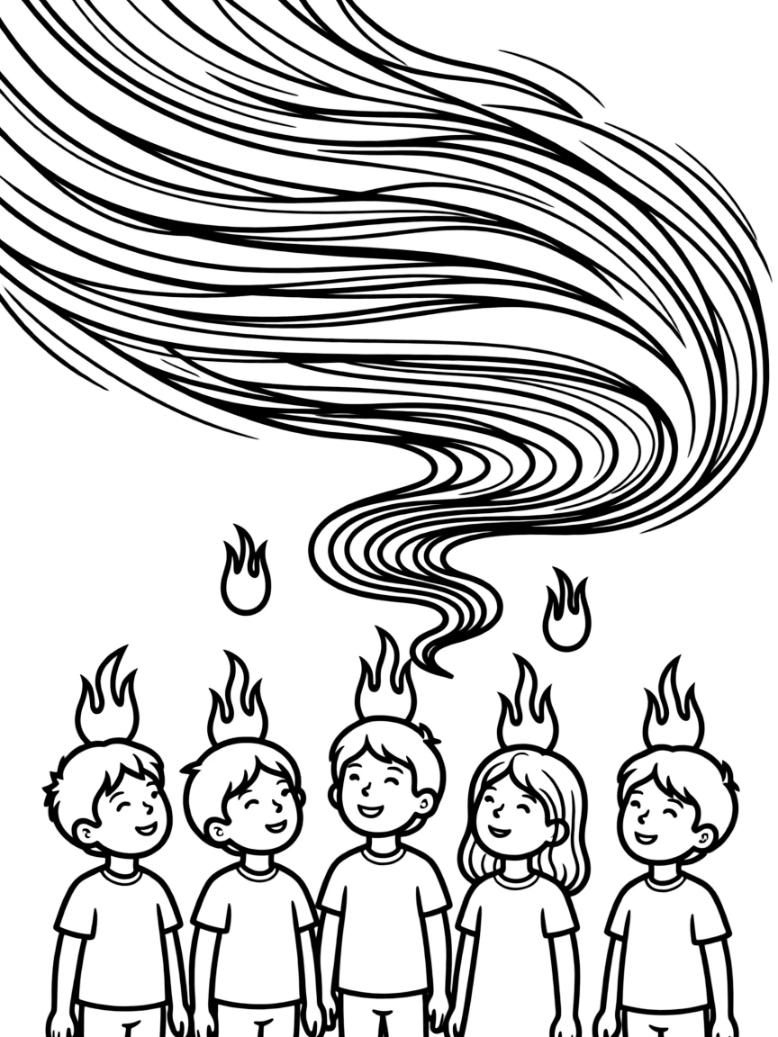 The Holy Spirit descending like a strong wind and tongues of fire.