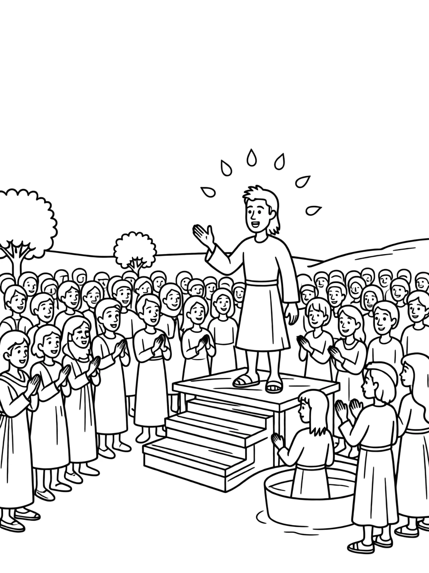 Peter preaching to a huge crowd on Pentecost, with people converting.