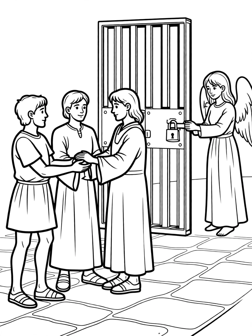 The apostles being arrested and put in prison, but an angel frees them.