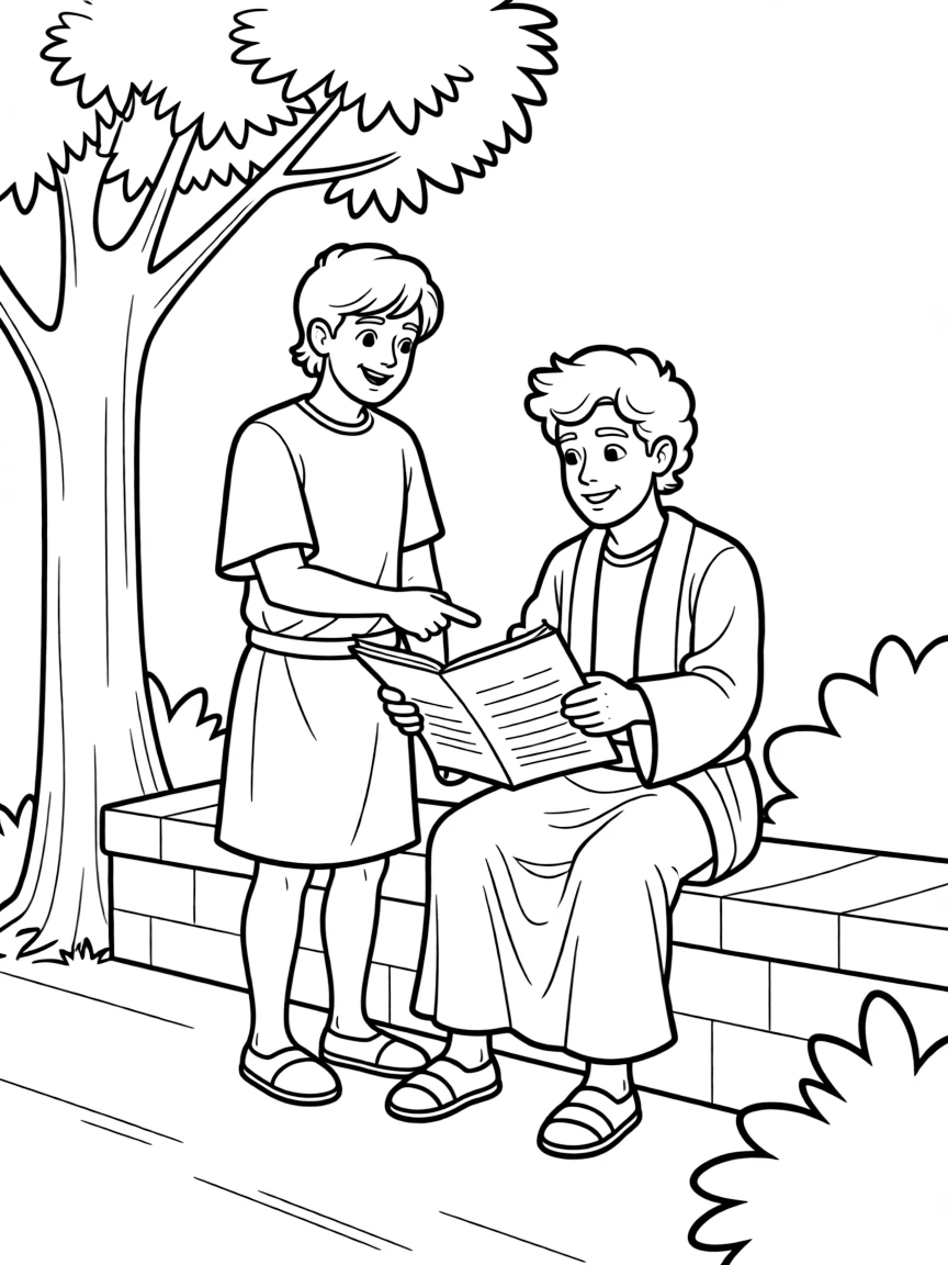 Philip preaching to the Ethiopian eunuch, who is reading from Isaiah.