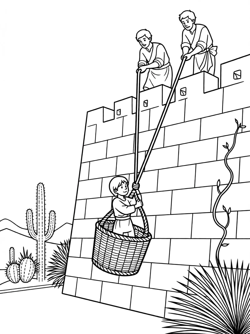 Paul in Damascus, being lowered from the wall in a basket.